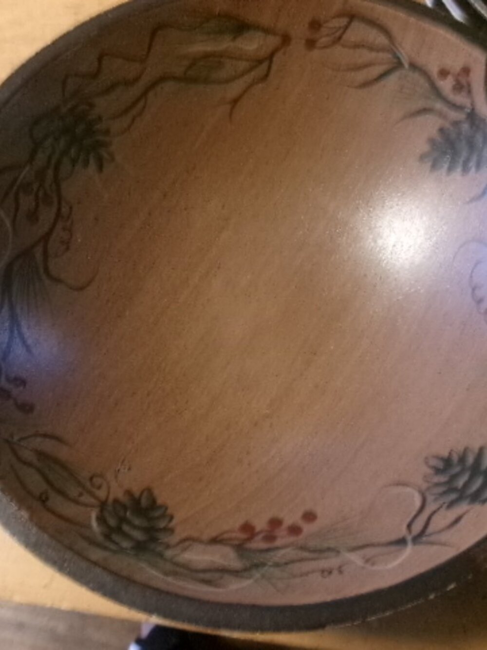 vtg folk art handpainted wood salad bowl 12 in earthy pinecones and berries